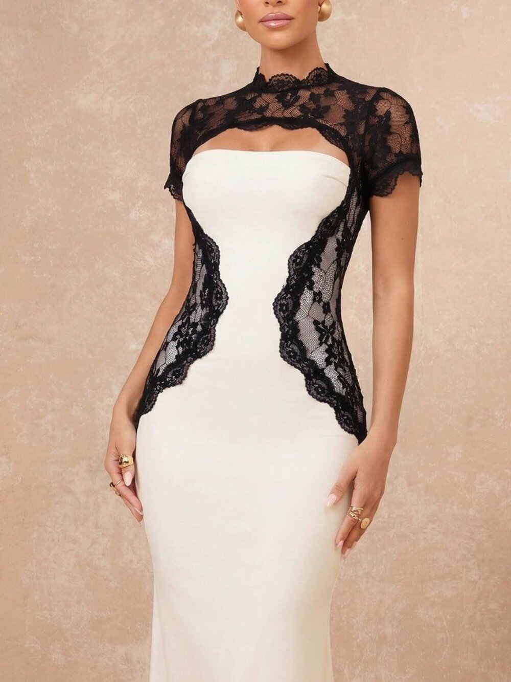 Black and White Elegant Women's Contrast Lace Regular Sleeve Bodycon Dress